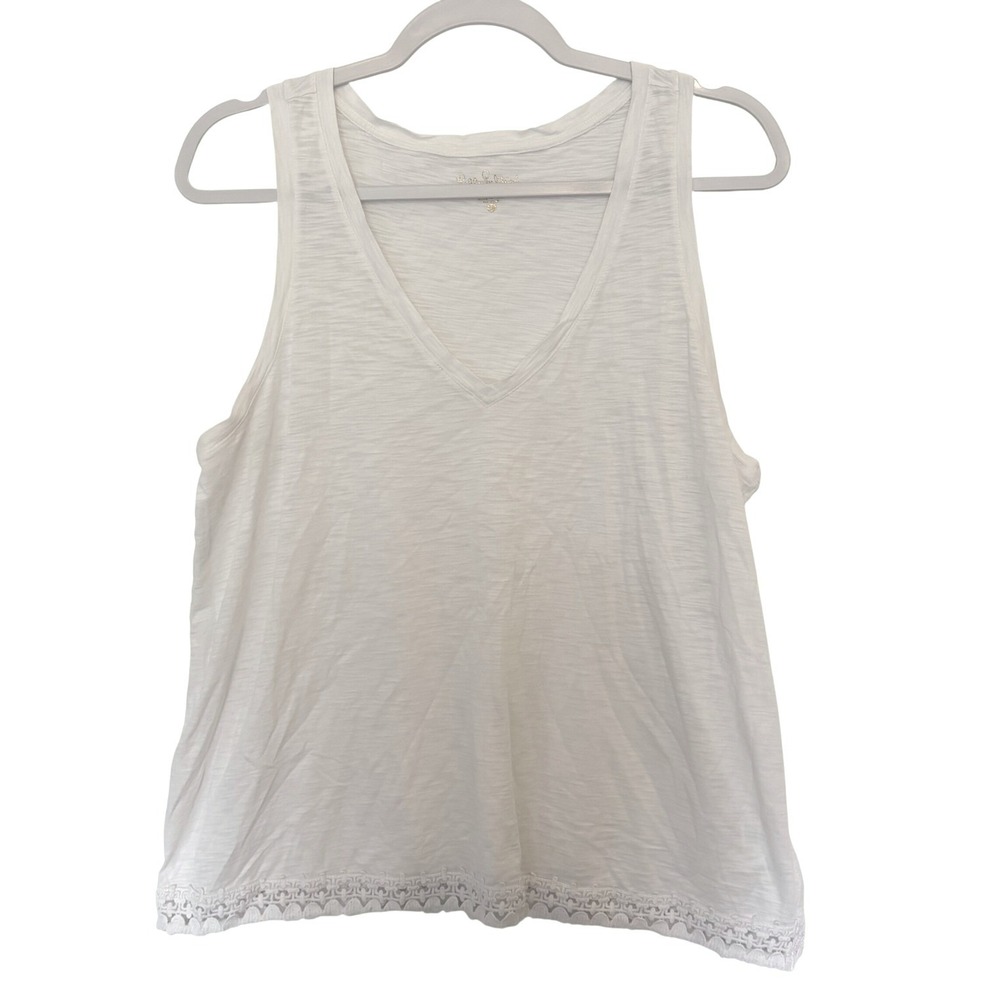 Lilly Pulitzer V-Neck Tank Top Large L White Pima Cotton Slub Lace Trim Hem